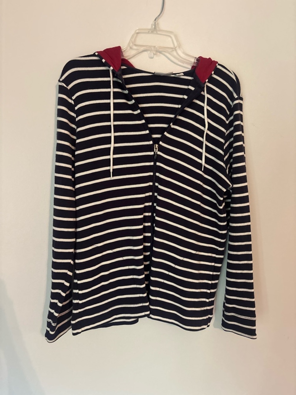 L.L. Bean Navy and White Striped Zip Hoodie with Red Hood with pockets